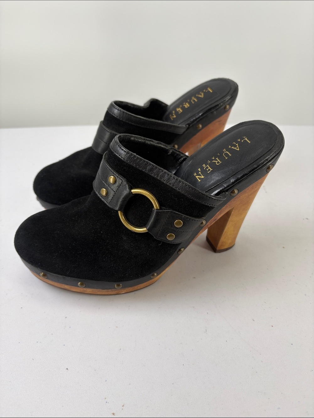 🔔 Lauren Ralph Lauren Black Suede Ring-Accent Wooden Clogs